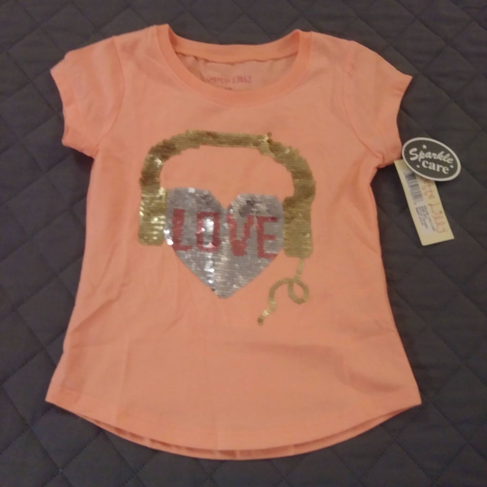 Sparkle & Care Peach Kids T-Shirt with Gold Headphones